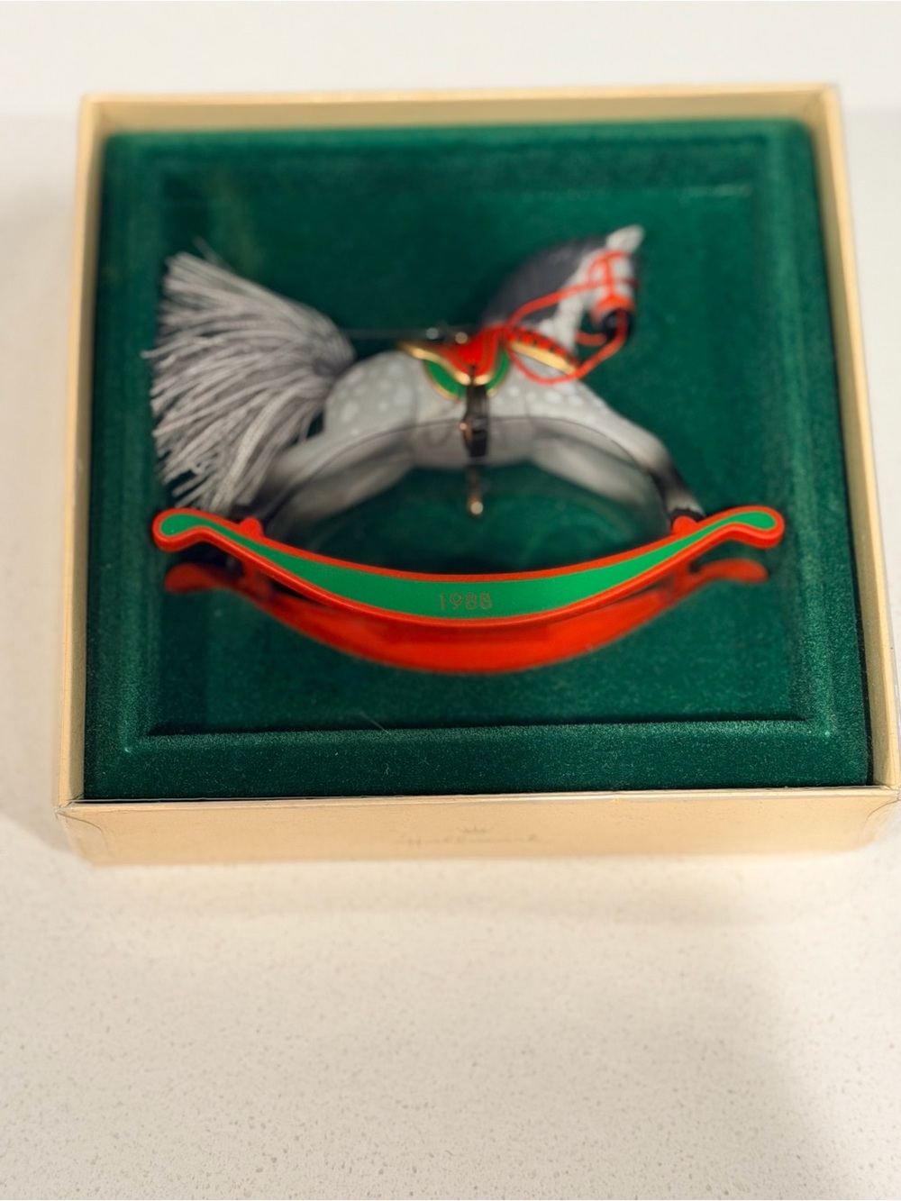 Hallmark 1988 Gray Enamel Rocking Horse Ornament in Red & Green